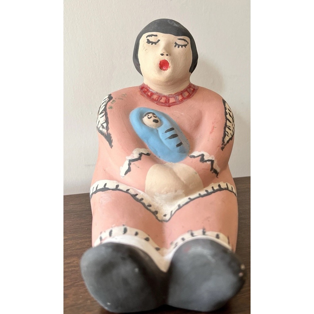 Vintage Mexican Clay Mother‎ & Child Figurine – Folk Art Ceramic Sculpture